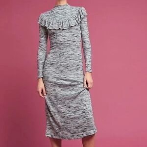 Anthropologie Ruffled Ribbed Marled Gray Knit Midi Sweater Dress Eri + Ali